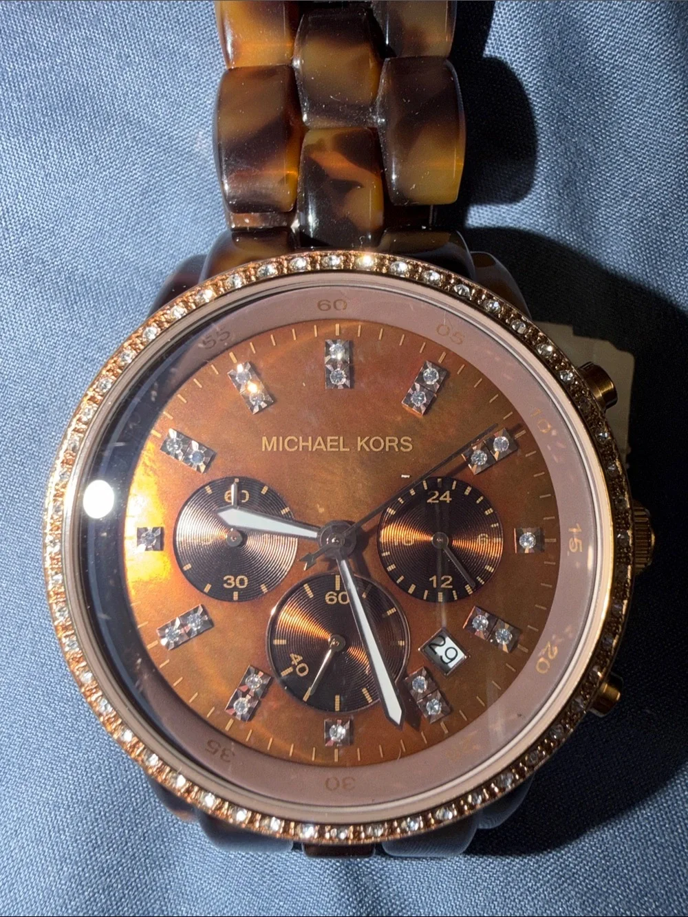 Michael Kors Gold Tone and Tortoise Shell Crystal-Accented Chronograph Watch